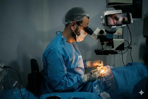 Cirurgião oftalmologista realizando cirurgia ocular com microscópio Leica — Drudi e Almeida